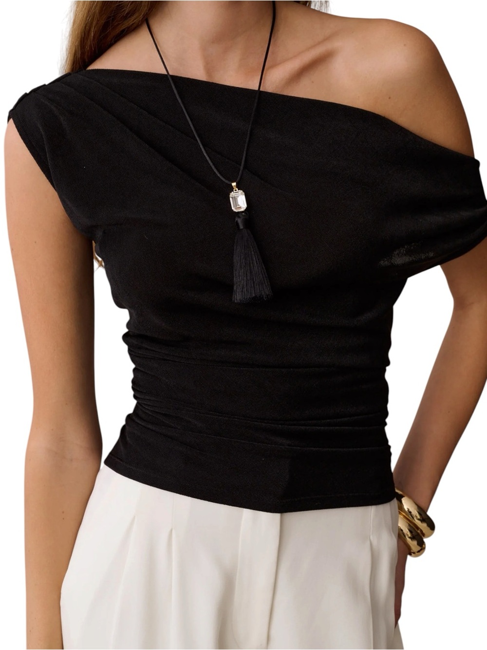 Few Moda Kourt Myrine Top Off-Shoulder Black Ruched NWT